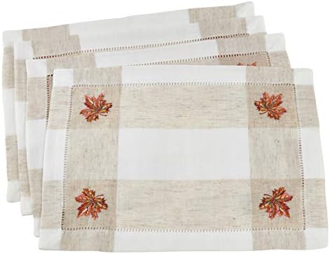 SARO LIFESTYLE 2231.I1419B Hommage Brodé Collection Embroidered Leaf Hemstitch Placemats (Set of 4) 14" x 19" Ivory
