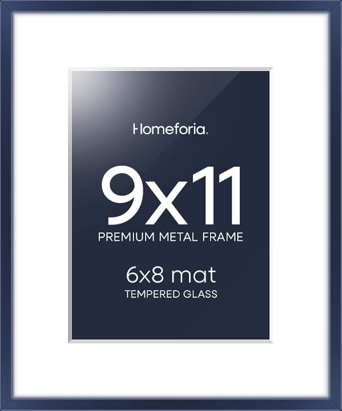 Homeforia 9x11 Navy Blue Frame, High End Metal 9 x 11 Picture Frames with Mat 6 by 8 inch Photo, 9by11 Poster Frame Matted to 6x8 Print, 11x9 Wall or Tabletop Frame, Tempered Glass, Wall Kit, Set of 1