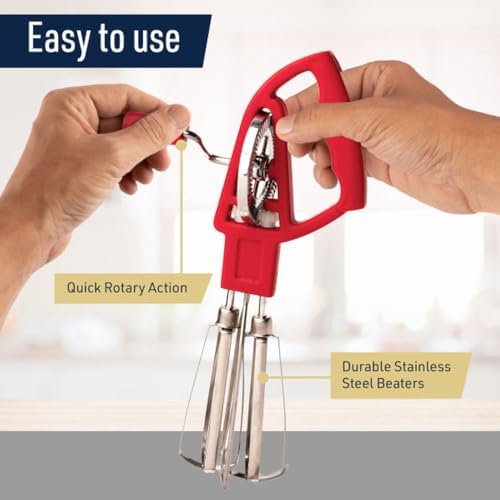 Kings County Tools Rotary Egg Beater Manual Hand Crank Mixer, Red