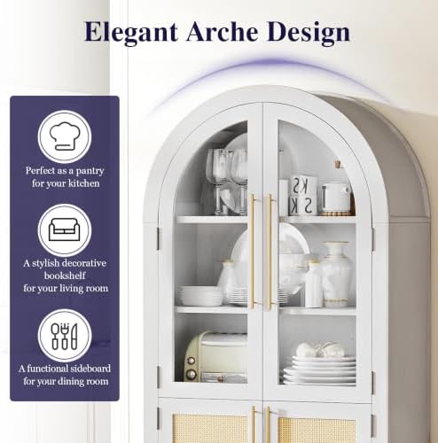 63" Tall Arched Cabinet with Glass Doors, Kitchen Pantry Storage Cabinet with Dust-Proof Rattan, 5-Tier Curio China Cabinet with Adjustable Shelves for Living Room Dining Room, White