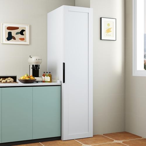 KEIKI 21.65" W Slim Kitchen Pantry Storage Cabinet with Door-Side Rack & Shelves, Tall Narrow Freestanding Sideboard Wood Hutch Food Pantries Cupboard for Coffee Bar, Dining Room