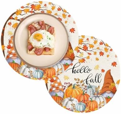 Fall Round Placemats Set of 2 Thanksgiving Autumn Maple Leaves Gnome Place Mats Washable Woven Placemat Hello Fall Harvest Pumpkin Circle Braided Table Mat for Kitchen Holiday Party Decor 15 Inch