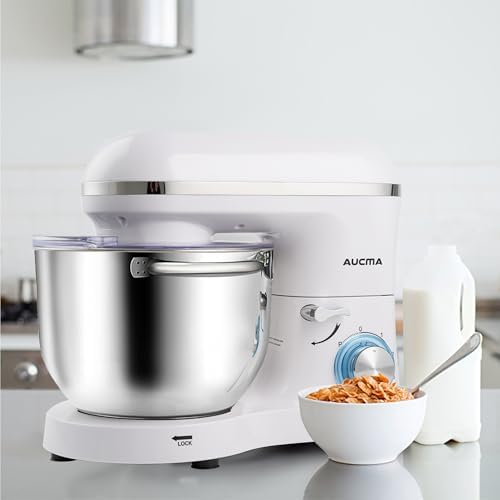 Aucma Stand Mixer,6.5-QT 660W 6-Speed Tilt-Head Food Mixer, Kitchen Electric Mixer with Dough Hook, Wire Whip & Beater (White, 6.5QT)