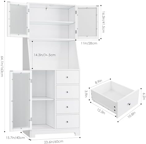 BOTLOG 64'' Kitchen Pantry Storage Cabinet, Tall Kitchen Storage Cabinet with Microwave Stand, Hutch Cabinet with Adjustable Shelves, for Dining Room (White)