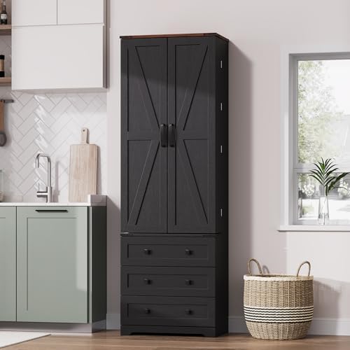 IDEALHOUSE Farmhouse Kitchen Pantry Cabinet - 72" Tall Large Wood Kitchen Storage Cabinets with Adjustable Shelves & 2 Barn Doors & 3 Drawer, Versatile Storage for Dining Room, Bathroom, Living Room