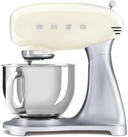 SMEG SMF04 5-Qt Stand Mixer with Smooth Start & SteadyMix, 600W Motor, 10 Speeds, Stainless Steel Bowl & Pour Shield – Retro 50’s Style Planetary Mixer for Bread Dough, Baking & Desserts-Cream