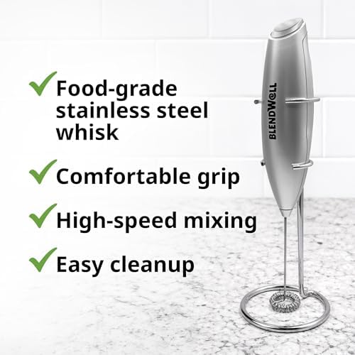 BlendWell Electric Milk Frother for Matcha and Coffee, Handheld Battery Operated Drink Mixer with Stand, Stainless Steel Whisk, Silver