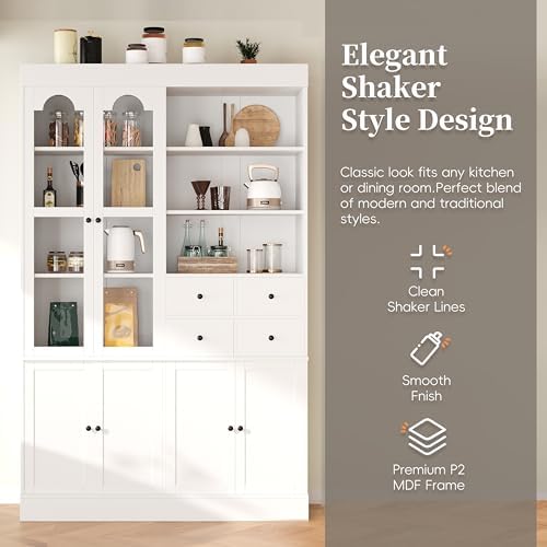 Merax Wood Kitchen Pantry with 4 Drawers, 3 Cabinets and Hutch, Tall Cupboard Dining Storage Cabinet with Door Shelves and Pull-Out Trays for Living Room, Kitchen, Dining Room White