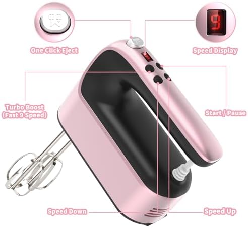Yomelo 9-Speed Digital Hand Mixer Electric, 400W Powerful DC Motor, Hand Mixer Electric Handheld with Snap-On Storage Case, 5 Stainless Steel Accessories, Beaters, Dough Hooks, Whisk(Rose Gold)