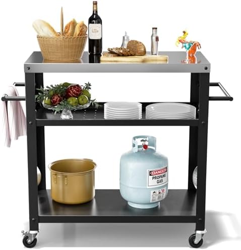 Outdoor Grill Cart Table, Indoor and Outdoor Pizza Oven Table with Three-Shelf(Black)