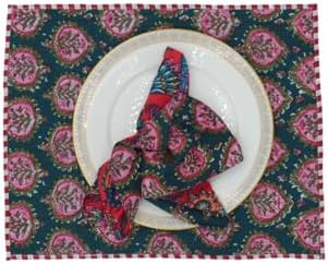 Cotton Block Print Quilted Reversible Placemats with Napkins, Floral Design, Dining Table Decor for Everyday Use, Set of 4 (Teal/Red)