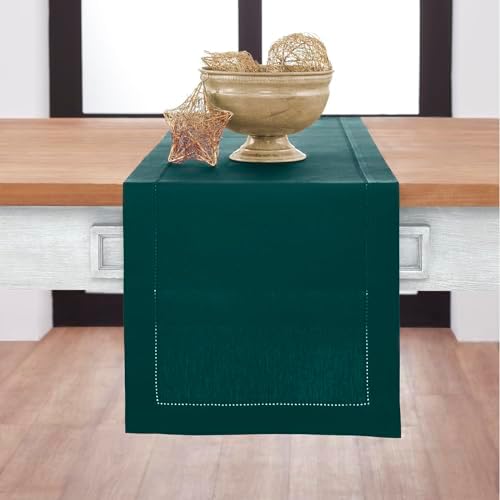 Solino Home Cotton Linen Table Runner Dark Green Hemstitch, 14 x 120 in