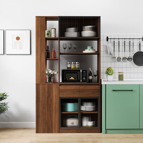 KEIKI 70.87" Tall Kitchen Pantry Storage Cabinet with 5 Drawers, Side Shelves, Glass Doors & Microwave Stand, Freestanding Wood Hutch Food Pantries Cupboard Organizer for Entrance Dining Room, Hallway