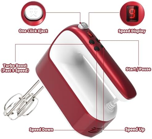 Yomelo 9-Speed Digital Hand Mixer Electric, 400W Powerful DC Motor, Hand Mixer Electric Handheld with Snap-On Storage Case, 5 Stainless Steel Accessories, Beaters, Dough Hooks, Whisk(Red/White)