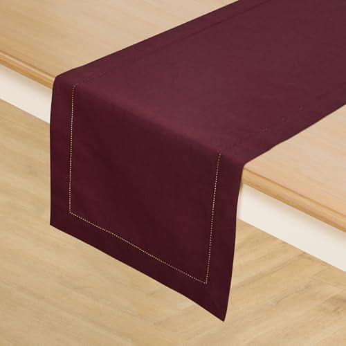 Solino Home Cotton Linen Table Runner Wine, Hemstitch Collection 14 x 36 in
