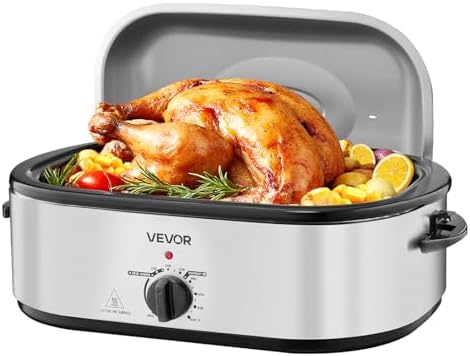 VEVOR Roaster Oven, 20QT Electric Roasting Pan, 150-450℉ Adjustable Temperature Fast-Cooking Turkey Roaster, Turkey Oven with Self-Basting Lid, Defrost & Warm Function for Home, Fits 24lb Turkey