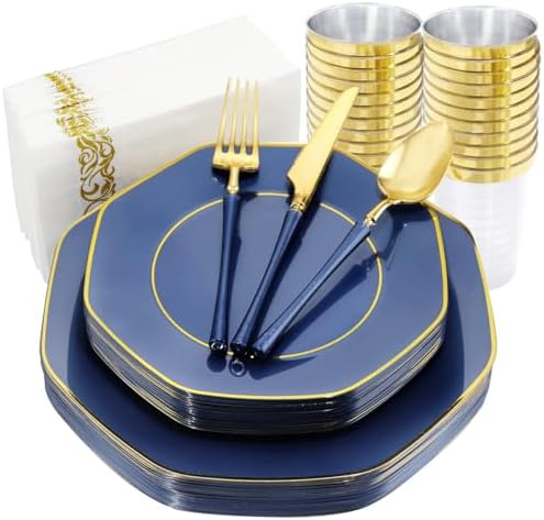 KIRE 140Pcs Blue Plastic Plates with Gold Rim - Navy Blue Plates for Party