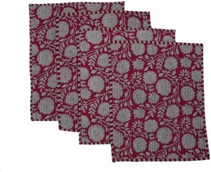 Cotton Block Print Quilted Reversible Placemats with Napkins, Floral Design, Dining Table Decor for Everyday Use, Set of 4 (Navy/Pink)