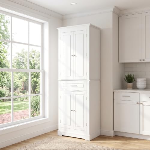 Merax 70" Tall Kitchen Pantry Cabinet with Four Doors & One Drawer, Storage Cupboard for Living Room/Dining Room/Bathroom, Adjustable Shelves, White