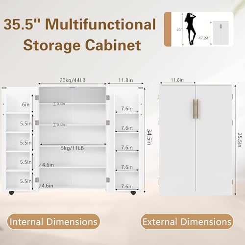 VECELO 35.5" Small Pantry Cabinet with Doors and Adjustable Shelves, Freestanding Food Storage Cupboard Sideboard with Sturdy Construction, for Kitchen Dining Room Living Room, White