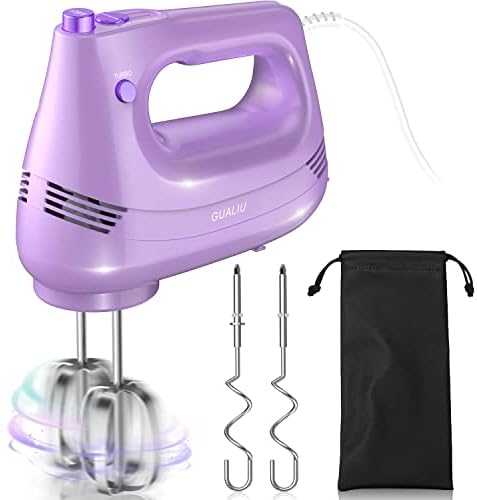 GUALIU Electric Hand Mixer, 304*(2* Beaters, 2* Dough Hooks), (1* Storage Bag) Handheld Mixer for Baking Cakes, Eggs, Cream Food Mixers, Turbo Boost /5 Speed Kitchen Blender PURPLE