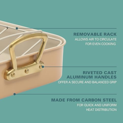 Gibson Home Broxton 2-Piece Nonstick Roaster Pan with Rack – 16 x 12 Inch Apricot Turkey Roasting Pan with Cast Aluminum Gold Handles – Oven-Safe, Easy-Clean, Holiday Cookware