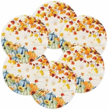 Fall Round Placemats Set of 6 Thanksgiving Autumn Maple Leaves Place Mats Woven Placemat Sunflower Orange Blue Green Pumpkin Circle Braided Table Mat for Kitchen Holiday Party Fall Decor 15 Inch