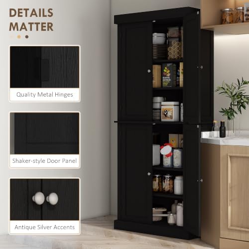 HOMCOM 72.5" Tall Kitchen Pantry Cabinet 4 Doors Modern Black Wood Grain