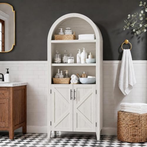 Garvee Arched Cabinet with Doors, 5-Tier Kitchen Pantry Cabinet with Adjustable Shelves, Wooden Open Farmhouse Storage Organizer for Kitchen, Dining Room, Living Room, Home Office, White