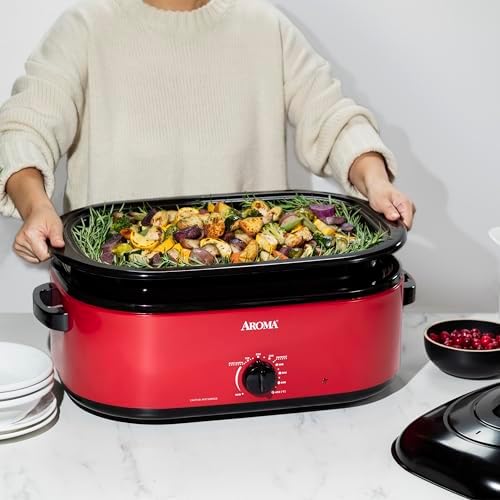 AROMA 18Qt. Roaster Oven with Self-Basting Lid, Fits 22-lb. Turkey, Adjustable Temperature Settings, Keep Warm Setting, Red (ART-718R)