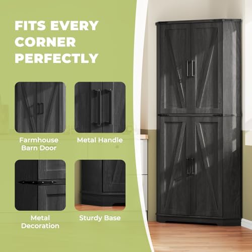 Dripex 71" Tall Corner Pantry Cabinet Black, Farmhouse Tall Storage Cabinet with Doors, Adjustable Shelves & LED Light, Kitchen Food Cabinet for Living/Dining Room