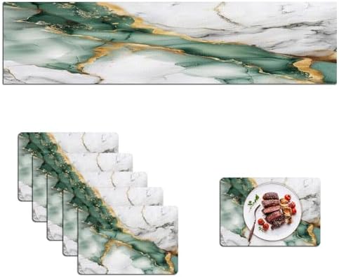 Mcalk Green Marble Table Runner and Placemats Set of 6, Marble Print Placemats, Modern Cloth Place Mats Indoor for Kitchen,Washable Linen Material for Dining Table