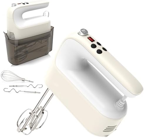 Yomelo 9-Speed Digital Hand Mixer Electric, 400W Powerful DC Motor, Hand Mixer Electric Handheld with Snap-On Storage Case, 5 Stainless Steel Accessories, Beaters, Dough Hooks, Whisk(Cream White)