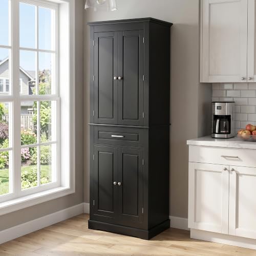 Merax 70" Tall Kitchen Pantry Cabinet with Four Doors & One Drawer, Storage Cupboard for Living Room/Dining Room/Bathroom, Adjustable Shelves, Black