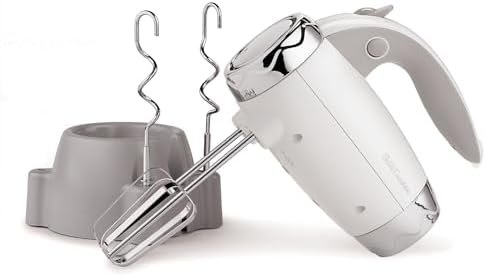 BETTY CROCKER Hand Blender 7 Speed, 250 Watt Electric Mixer with Beaters and Dough Hooks, Ergonomic Electric Hand Mixer for Home & Kitchen with Stand and Soft Touch Handle, White