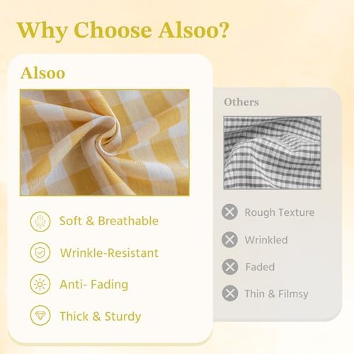 Alsoo Fall Checkered Tablecloth Rectangle Cotton Linen Fabric Gingham Table Cloth Buffalo Plaid Table Cover with Tassel Wrinkle Free Washable for Kitchen Dining Picnic, Yellow and White, 55X106''