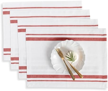 Solino Home 100% Linen Placemats, 14 x 19 in, Red, French Stripe, Set of 4