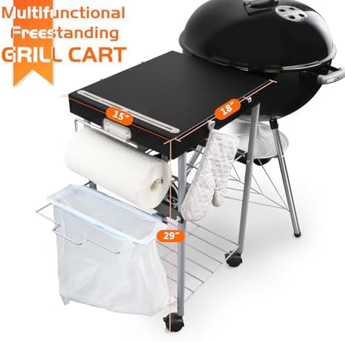 2-in-1 Grill Cart & Prep Table with Storage Shelves for Weber 22" & 18" Kettle Grills, Small Hook-On Grill Side Table, Grill Stand for Blackstone 17" Griddle for Ninja Woodfire Pitboss 150 Series
