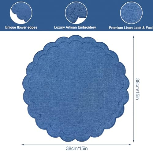 Set of 6 Dark Blue Cotton Linen Placemats, 15x15 Scalloped Flower Embroidery Cloth Table Mats Double Layered Fabric Machine Washable Wrinkle Free Dining Placemat for Hotel Restaurant Kitchen Decor