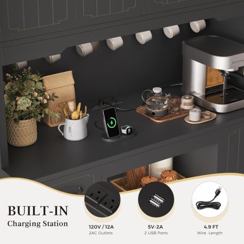 Fluted Kitchen Pantry Cabinet with Charging Station & LED Light, 47" Wide Kitchen Pantry Storage Cabinet with Countertop, Microwave & Appliance Storage, Food Pantry Cabinet for Dining Room ,Black