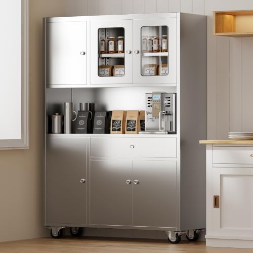 Stainless Steel Kitchen Pantry Cabinet with Drawer and Adjustable Shelves
