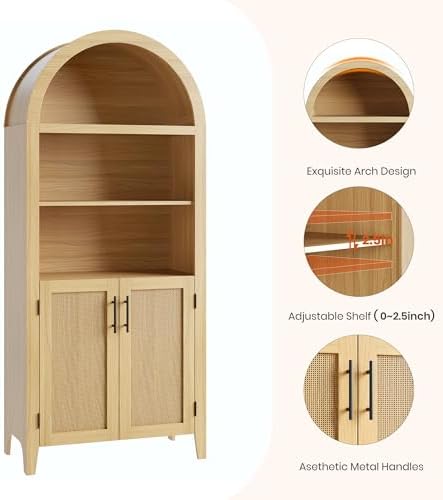 Garvee Arched Kitchen Pantry Storage Cabinet - 5-Tier Open Display Shelf with Rattan Decor, Farmhouse Storage Cabinet for Kitchen, Dining Room, Living Room, Natural
