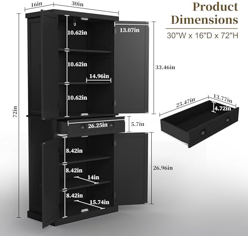 ARTPOWER 72" Tall Freestanding Pantry & Kitchen Storage Cabinet, Black