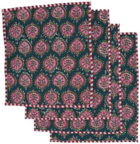 Cotton Block Print Quilted Reversible Placemats with Napkins, Floral Design, Dining Table Decor for Everyday Use, Set of 4 (Teal/Red)