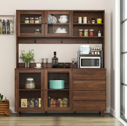 KEIKI 75" H Kitchen Pantry Storage Cabinet with Countertop, Glass Doors