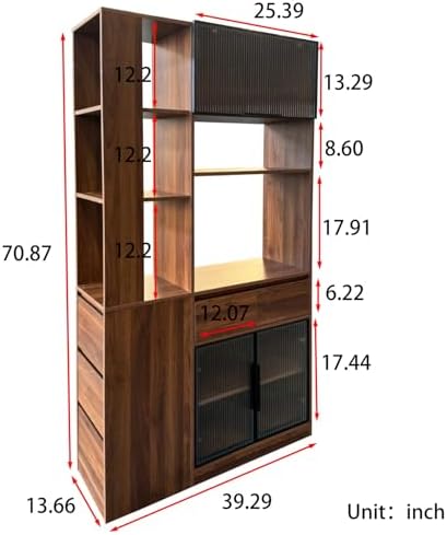 KEIKI 70.87" Tall Kitchen Pantry Storage Cabinet with 5 Drawers, Side Shelves, Glass Doors & Microwave Stand, Freestanding Wood Hutch Food Pantries Cupboard Organizer for Entrance Dining Room, Hallway