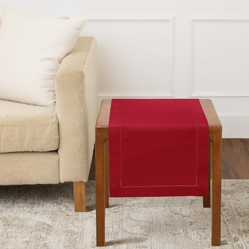 Solino Home Cotton Linen Table Runner Red, Hemstitch Collection 14 x 36 in