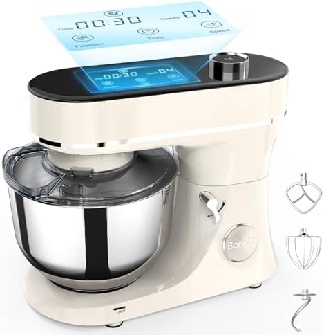 Stand Mixer 6QT Kitchen Mixer with LED Smart Touchscreen, 11-Speed Tilt-Head Mixer with Timer, 4 Preset Menus, Stainless Steel Bowl, Dough Hook, Whisk, Beater (White, 6Qt)