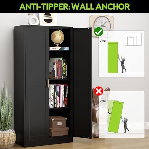 UNICOLY Metal Kitchen Pantry Cabinet, Storage Cabinet with Doors and Shelves, Cupboard with Adjustable Leveling Foot, for Laundry, Living Room, Bathroom, Dinning Room, Assembly Required, Black 60" H