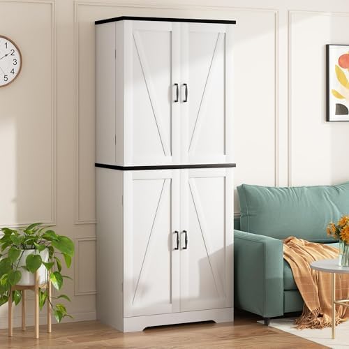 Shintenchi Kitchen Pantry Cabinet, Farmhouse Tall Cupboard Storage, White